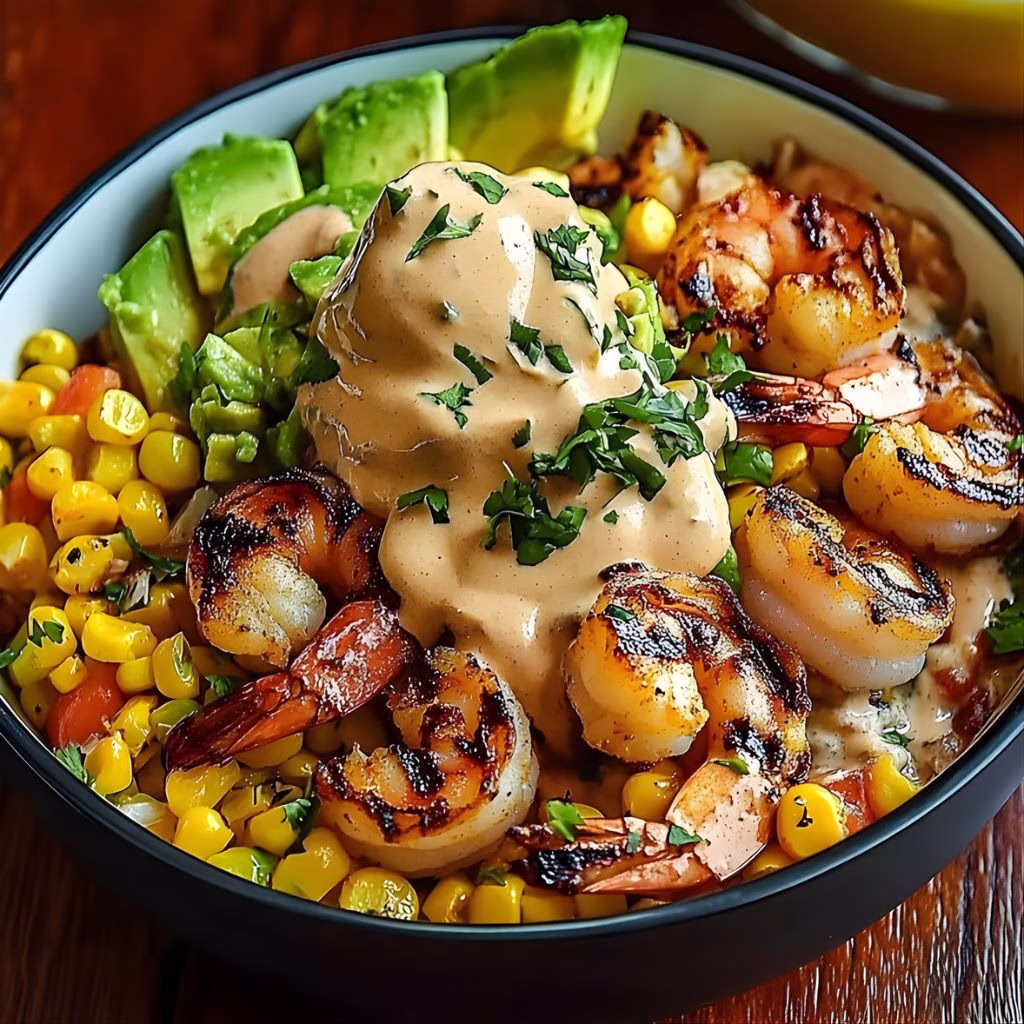 Grilled Shrimp Bowl with Avocado Corn Salsa & Creamy Garlic Sauce Recipe