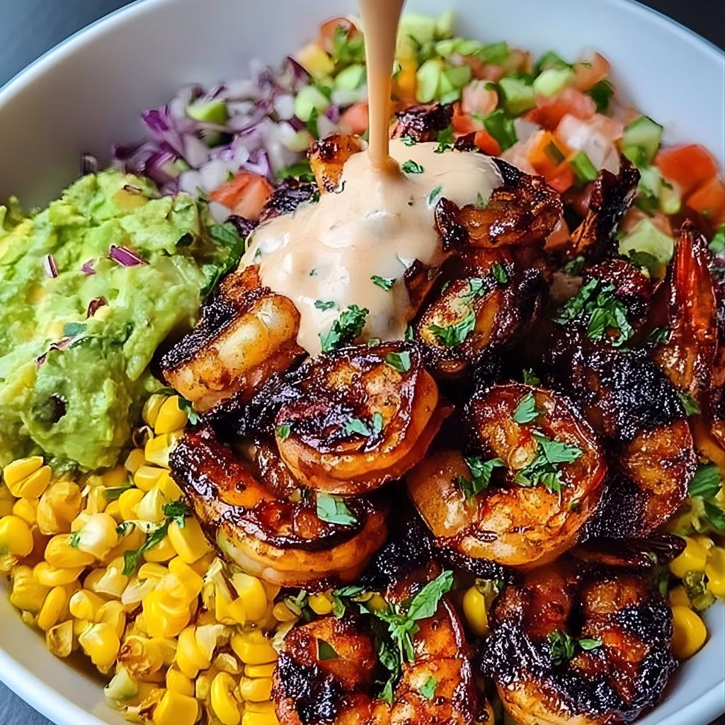 Grilled Shrimp Bowl with Avocado, Corn Salsa & Creamy Garlic Sauce Recipe