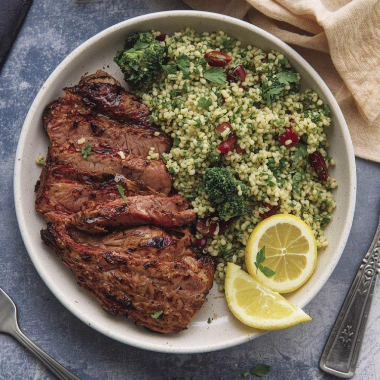 Grilled Skirt Steak with Lemon Herb Couscous Salad Recipe