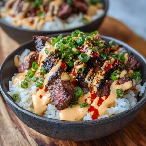 Korean BBQ Steak Rice Bowls with Spicy Cream Sauce Recipe