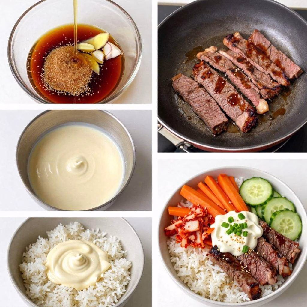 Korean BBQ Steak Rice Bowls with Spicy Cream Sauce Recipe