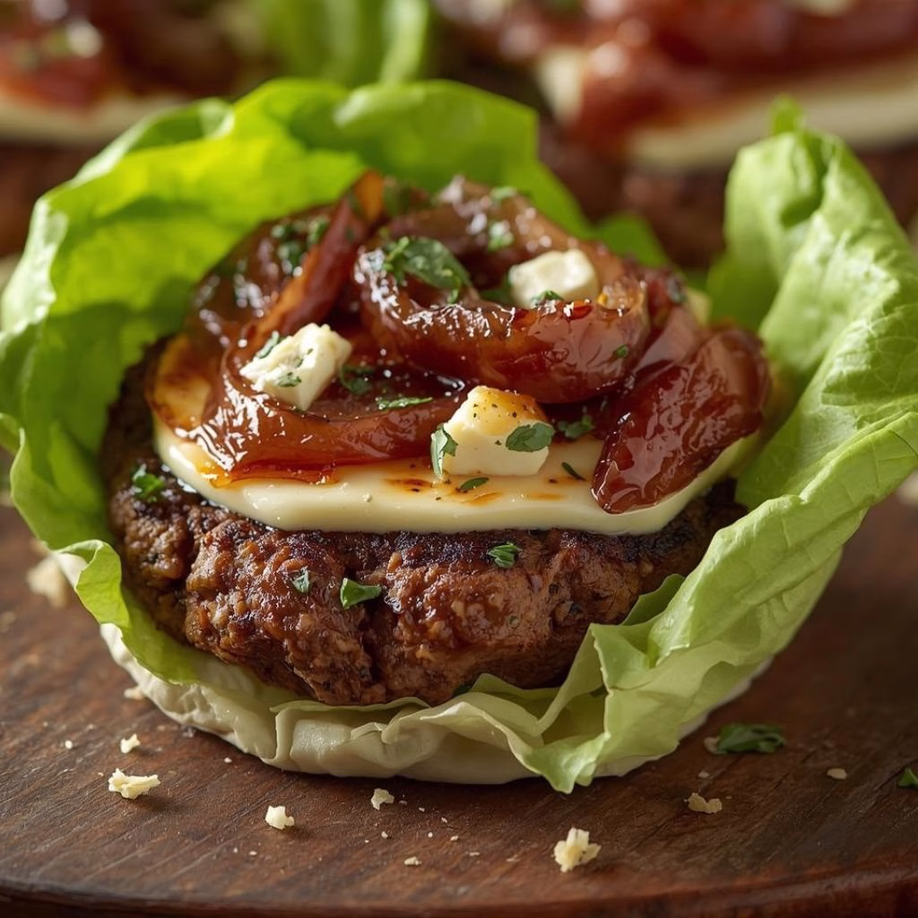 Lettuce Wrap Burgers with Caramelized Onions and Blue Cheese