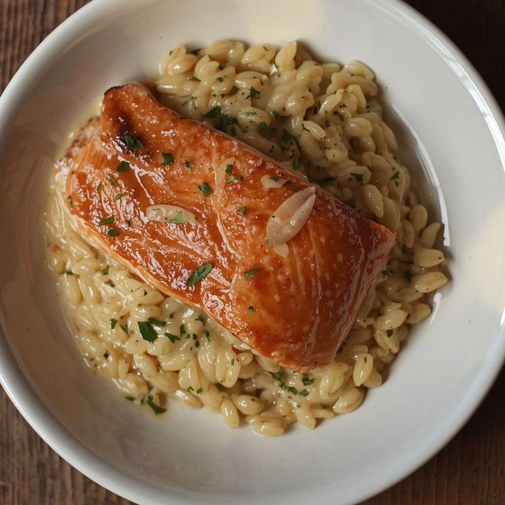 One Pan Creamy Coconut Orzo And Salmon Recipe