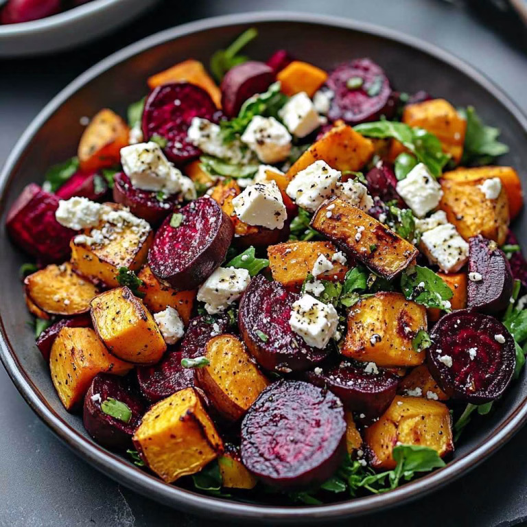 Roasted Beet, Sweet Potato & Avocado Salad with Whipped Ricotta & Lemon-Tahini Drizzle