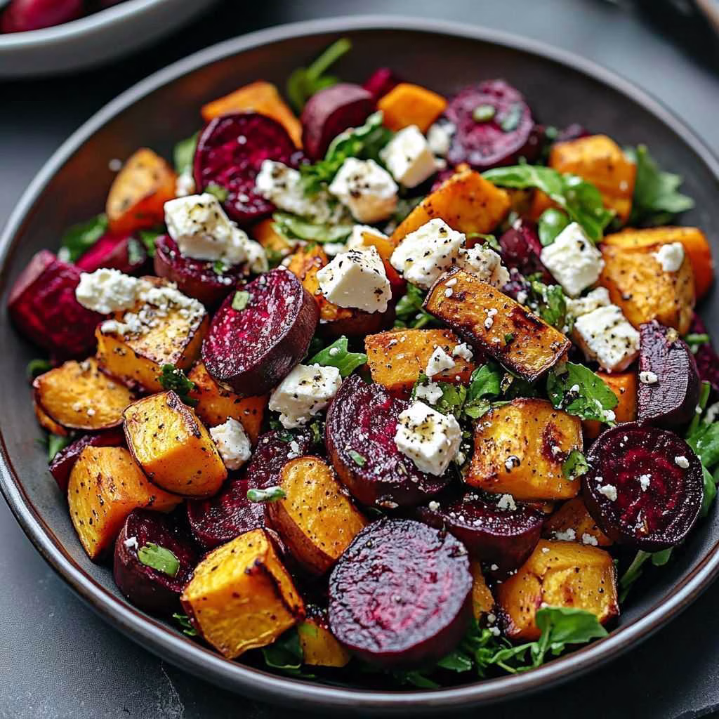 Roasted Beet, Sweet Potato & Avocado Salad with Whipped Ricotta & Lemon-Tahini Drizzle
