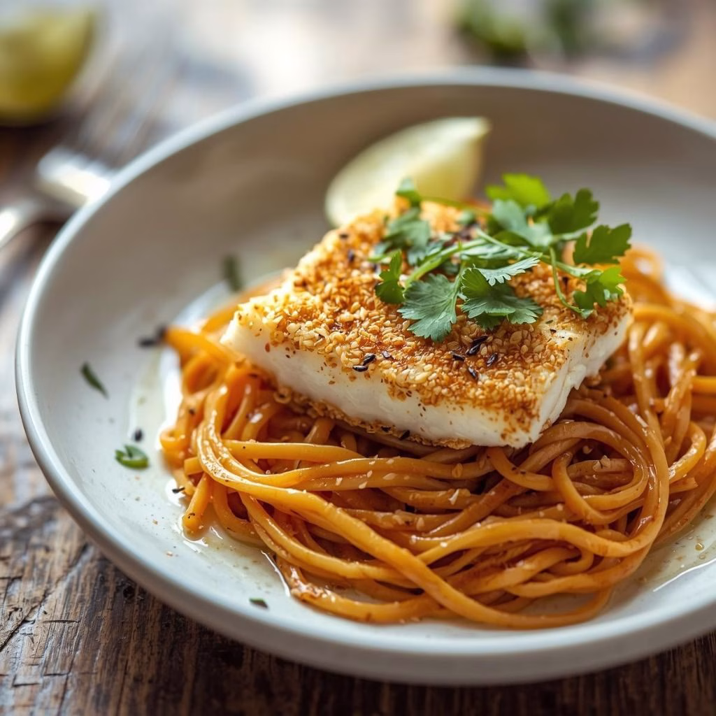 Sesame-Crusted Cod with Ginger Noodles Recipe