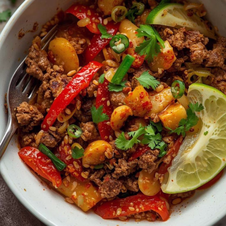 Spicy Ground Beef Stir-Fry Bowl with Garlic Veggies Delight Recipe
