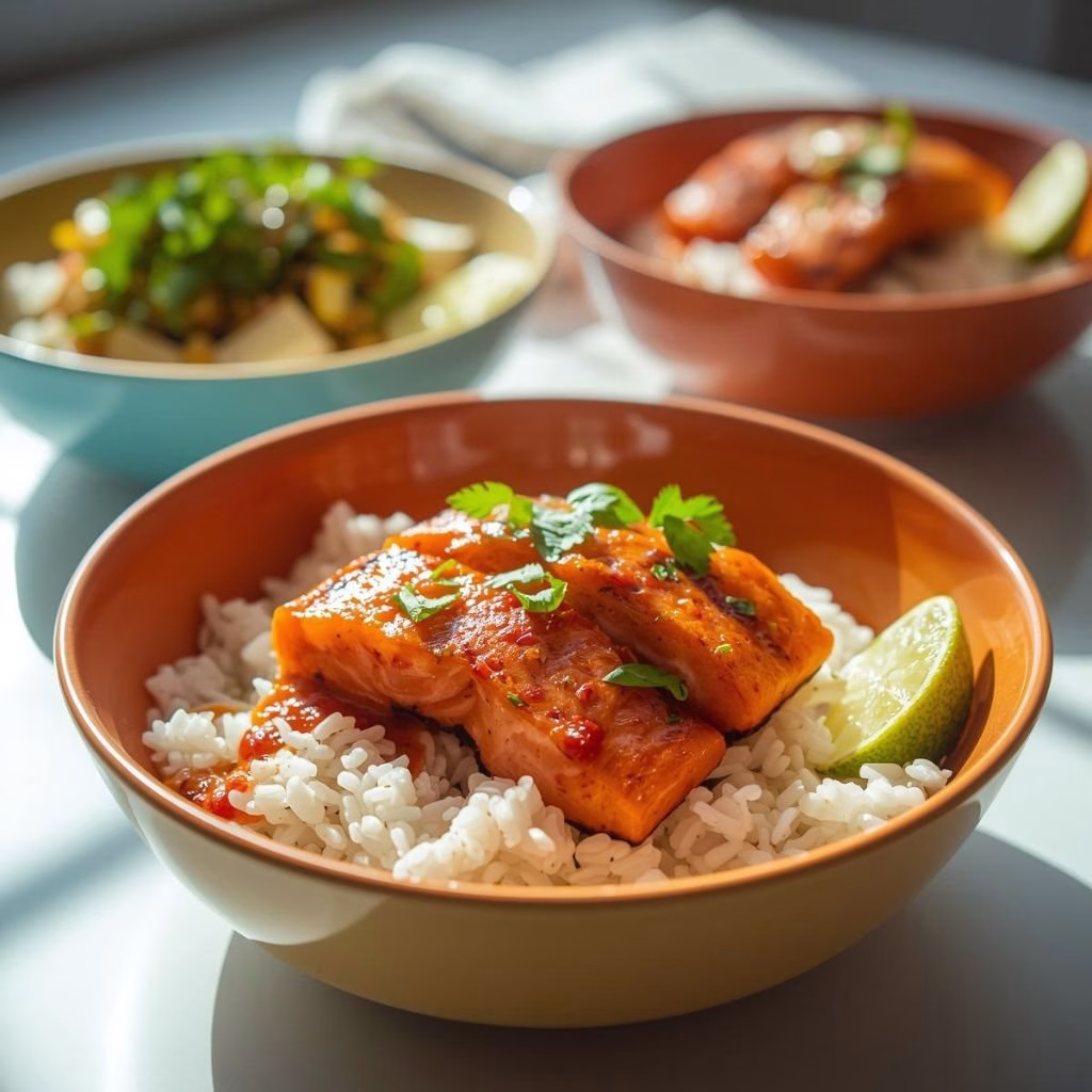 Spicy Salmon Bowls with Coconut Rice Recipe