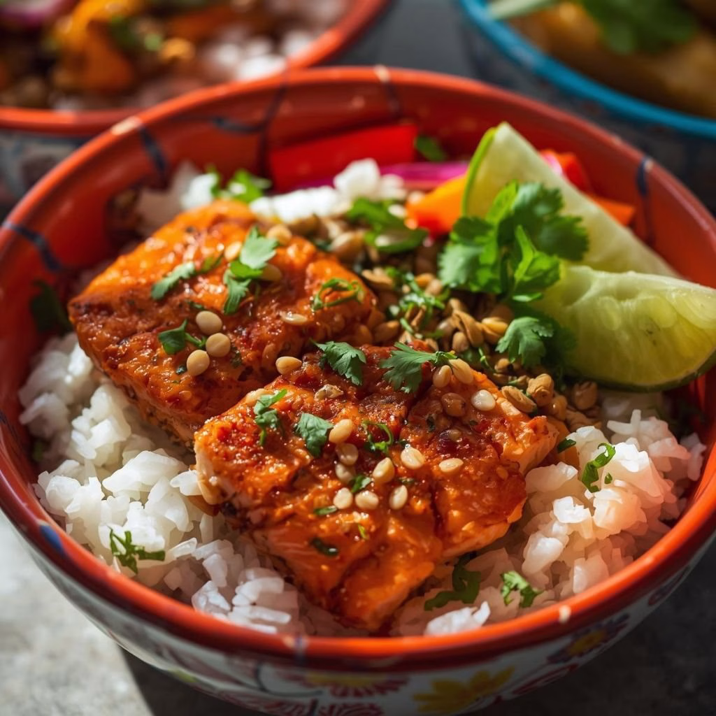 Spicy Salmon Bowls with Coconut Rice Recipe
