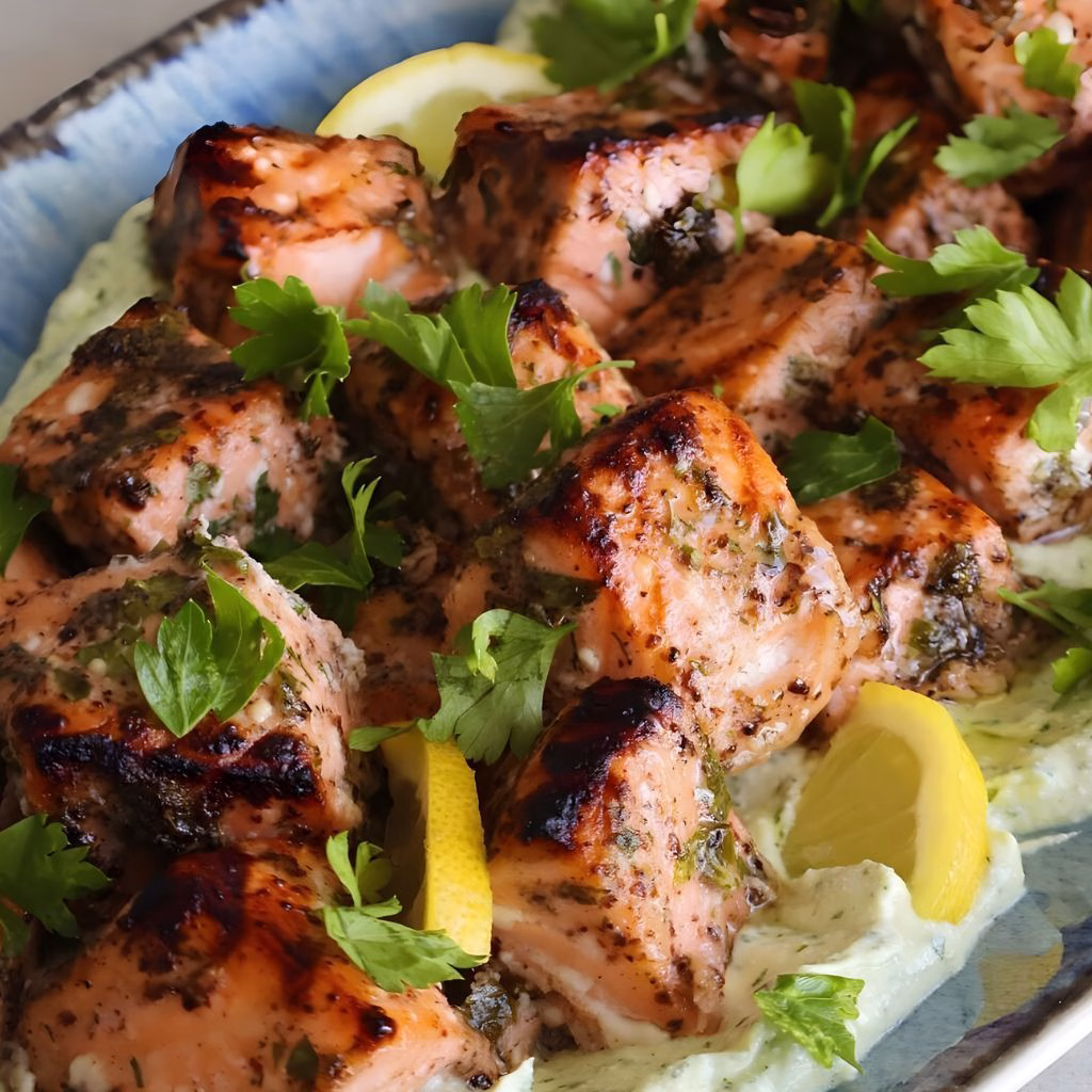 Sumac Salmon Bites with Herb Whipped Feta Recipe