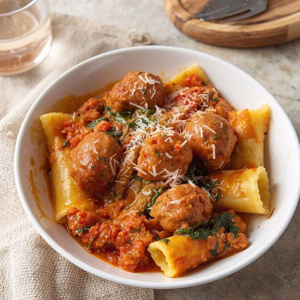Zesty Turkey & Ricotta Meatballs with Garlic Spinach Rigatoni