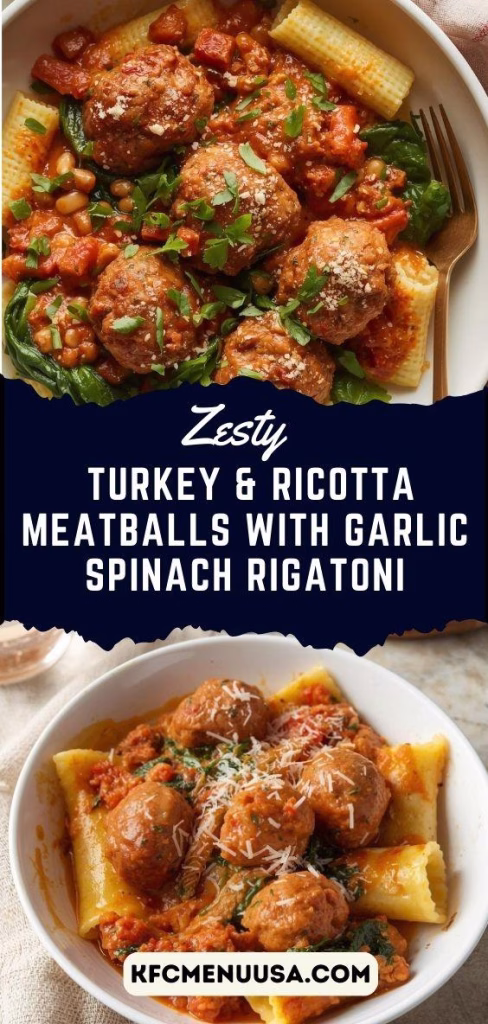 Zesty Turkey & Ricotta Meatballs with Garlic Spinach Rigatoni