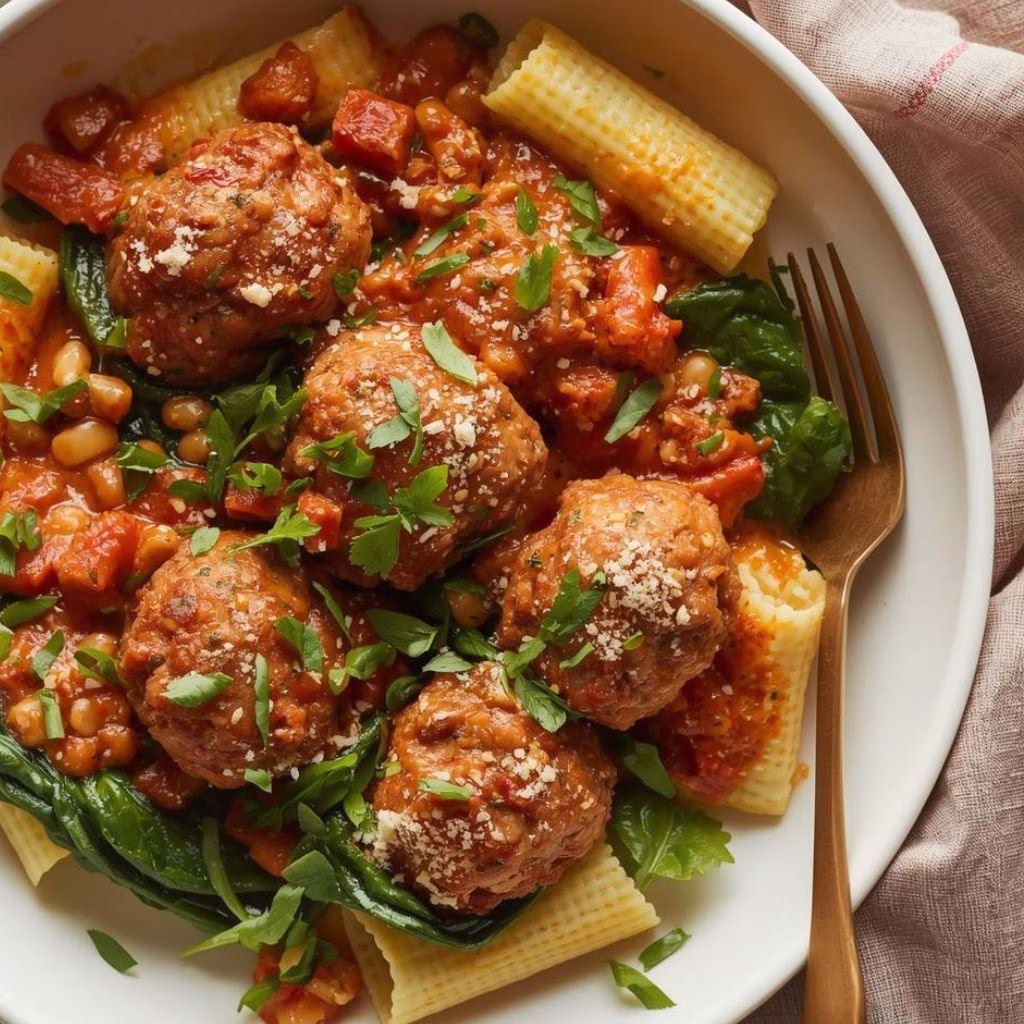 Zesty Turkey & Ricotta Meatballs with Garlic Spinach Rigatoni