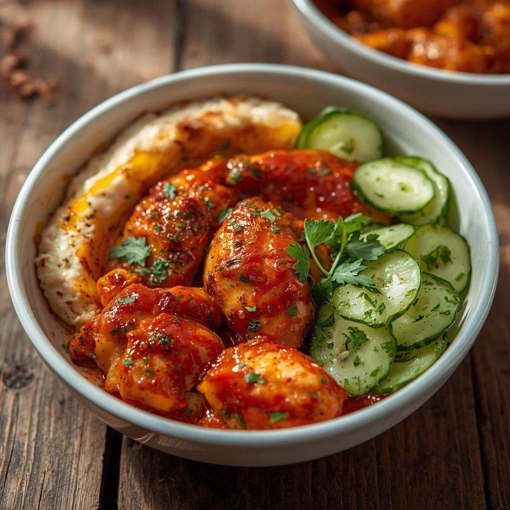 Spicy Garlic Chicken Bowl with Hummus & Cucumber Salad Recipe