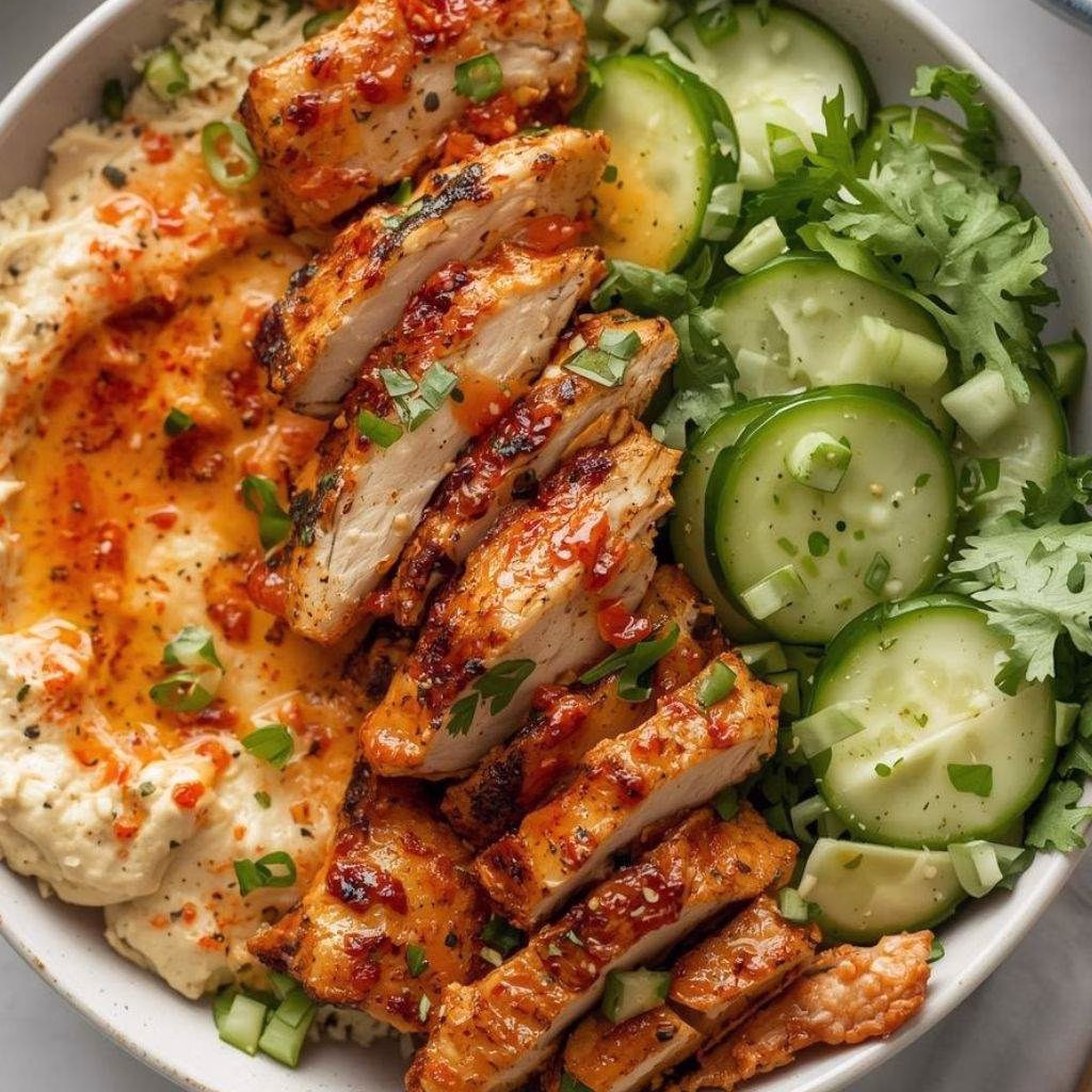 Spicy Garlic Chicken Bowl with Hummus & Cucumber Salad Recipe