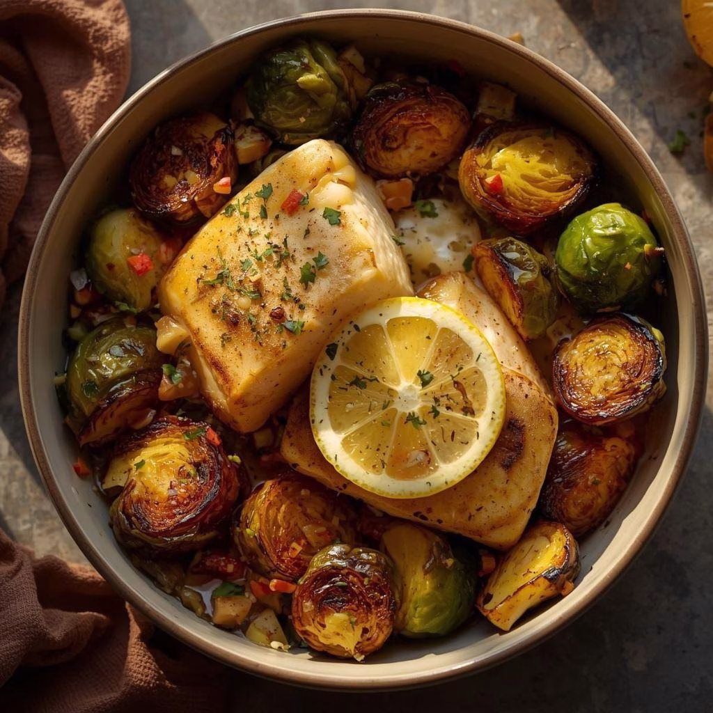 Lemon Garlic Butter Cod Bowls with Roasted Brussels Sprouts Recipe