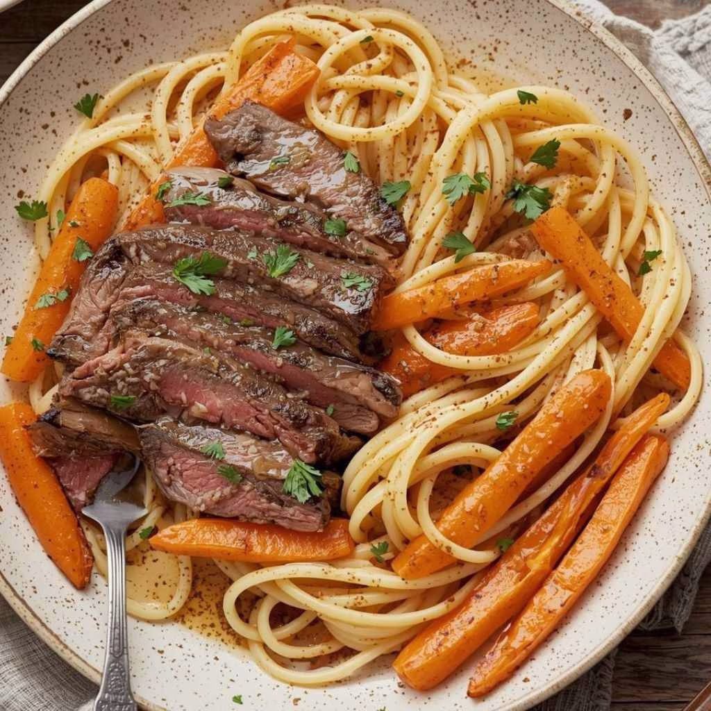 Cowboy Butter Steak Linguine with Roasted Carrots & Parsley Recipe