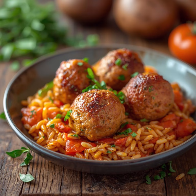 Baked Rosemary Chicken Meatballs with Tomato Orzo Recipe
