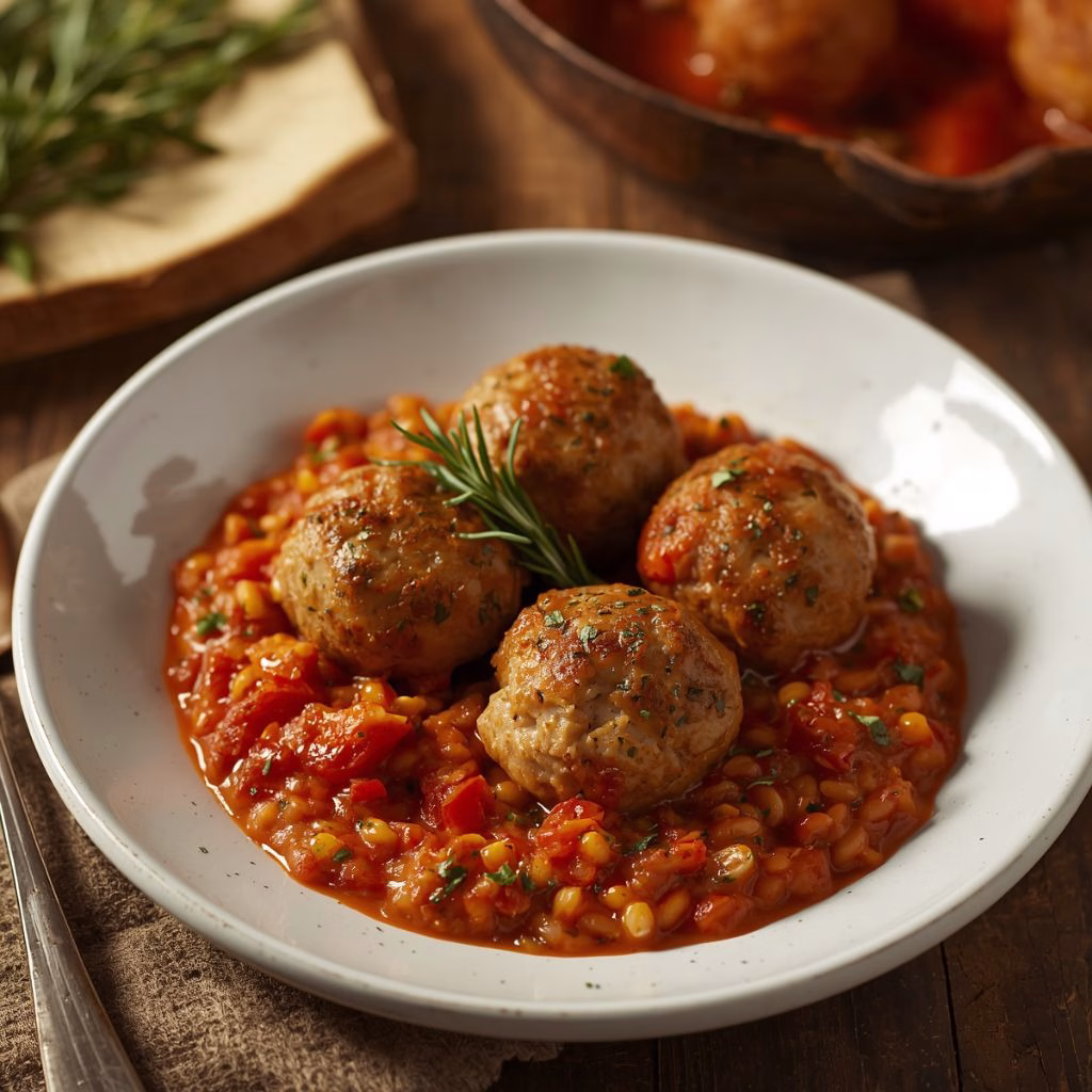 Baked Rosemary Chicken Meatballs with Tomato Orzo Recipe