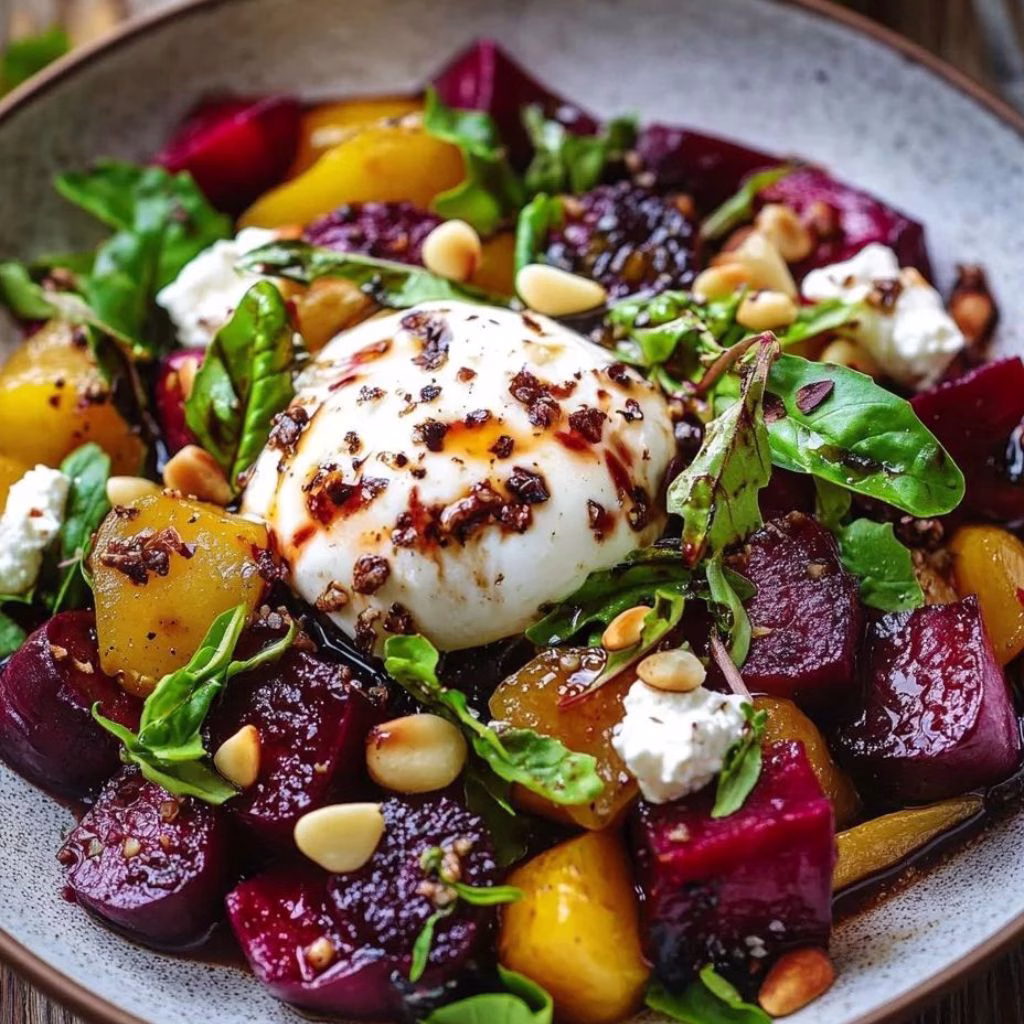 Beet and Burrata Salad with Pine Nuts and Balsamic Dressing
