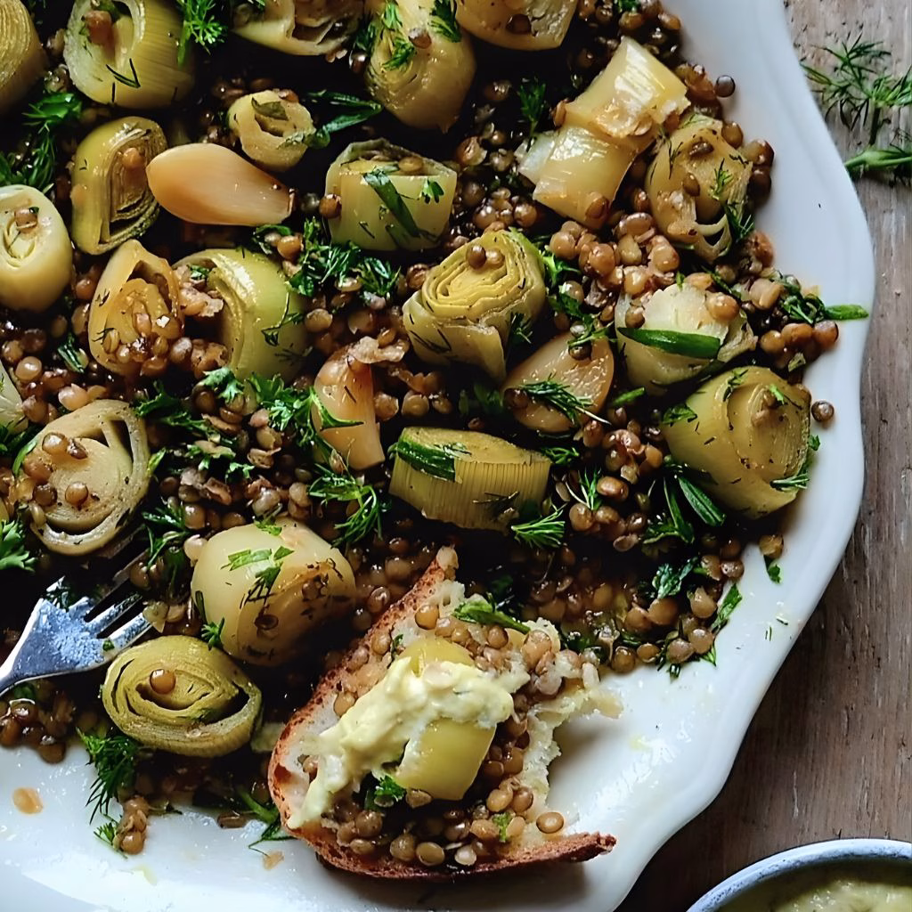 Confit Leeks with Puy Lentils & Leek Cream Recipe