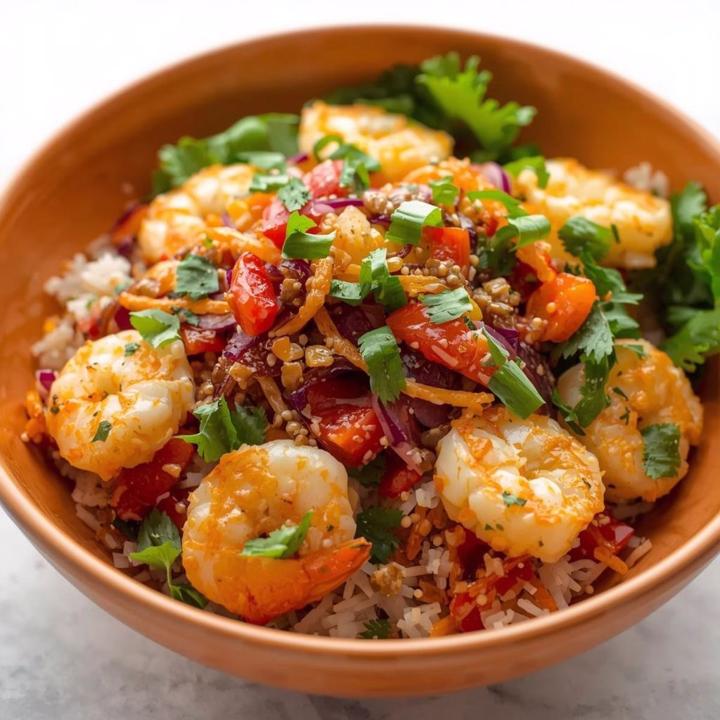Crispy Rice Salad with Garlic Shrimp And Sesame Dressing