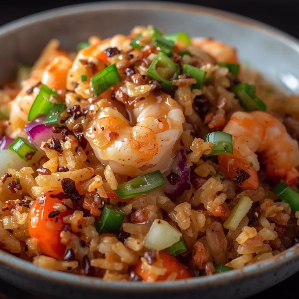 Crispy Rice Salad with Garlic Shrimp And Sesame Dressing