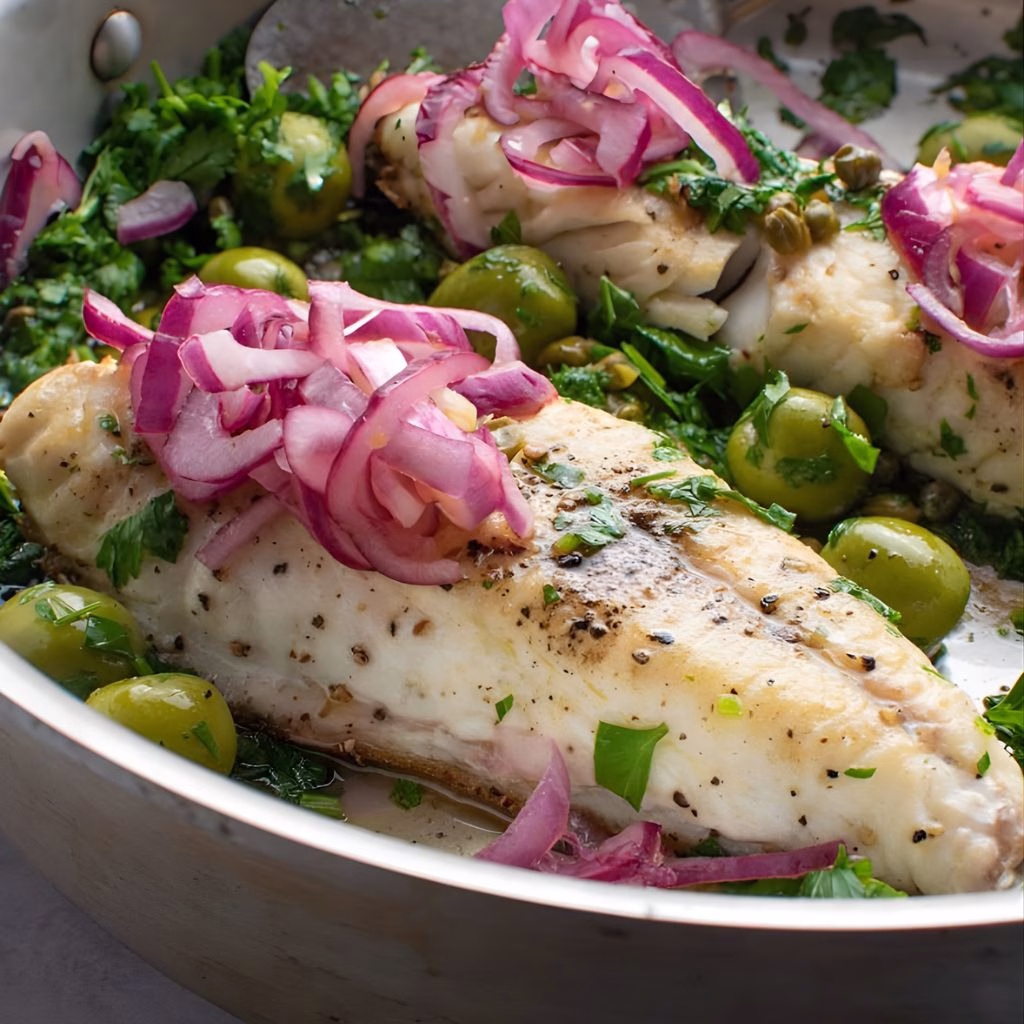 Crispy Sea Bream with Olives & Pickled Onion Recipe