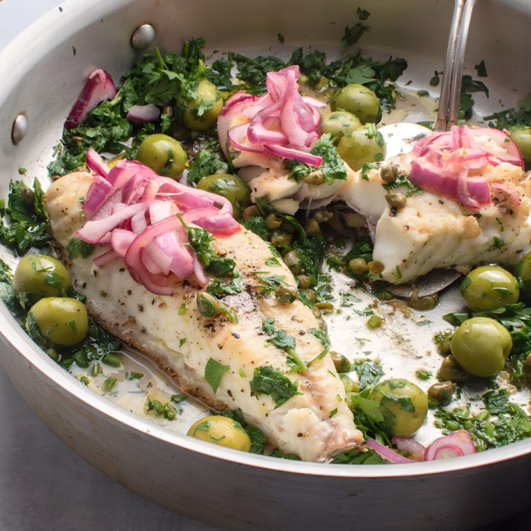 Crispy Sea Bream with Olives & Pickled Onion Recipe