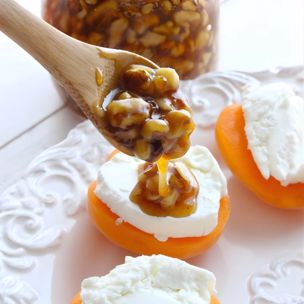 Fresh Apricots with Goat Cheese & Orange Honey-Walnut Syrup Recipe