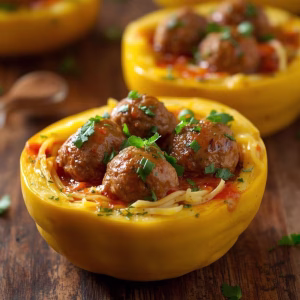 Garlic Butter Chicken Meatballs Stuffed In Spaghetti Squash Recipe
