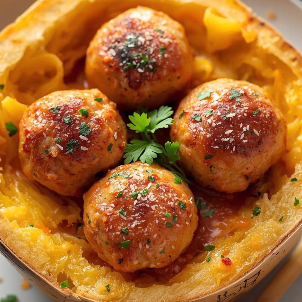 Garlic Butter Chicken Meatballs Stuffed In Spaghetti Squash Recipe