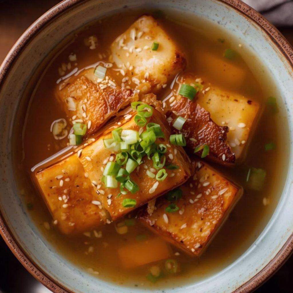 Ginger Miso Brothy Soup with Crispy Sesame Tofu Recipe