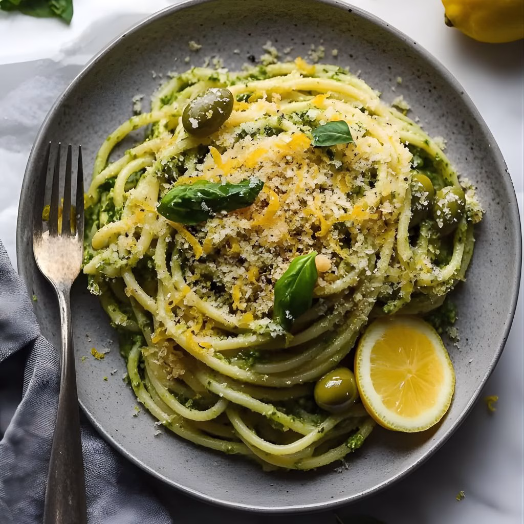 Green Olive Pasta with Toasted Lemon Breadcrumbs Recipe