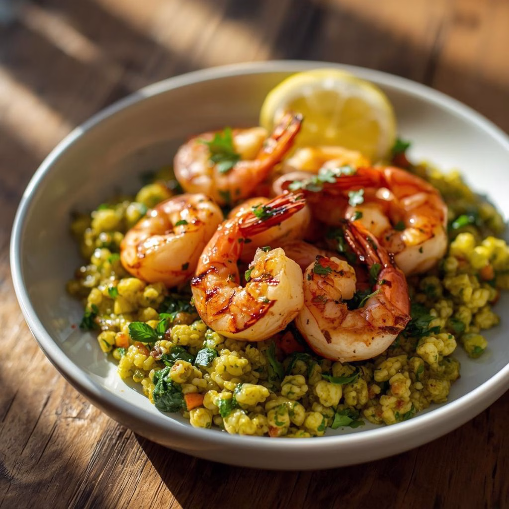 Grilled Lemon Shrimp with Pesto Couscous Recipe