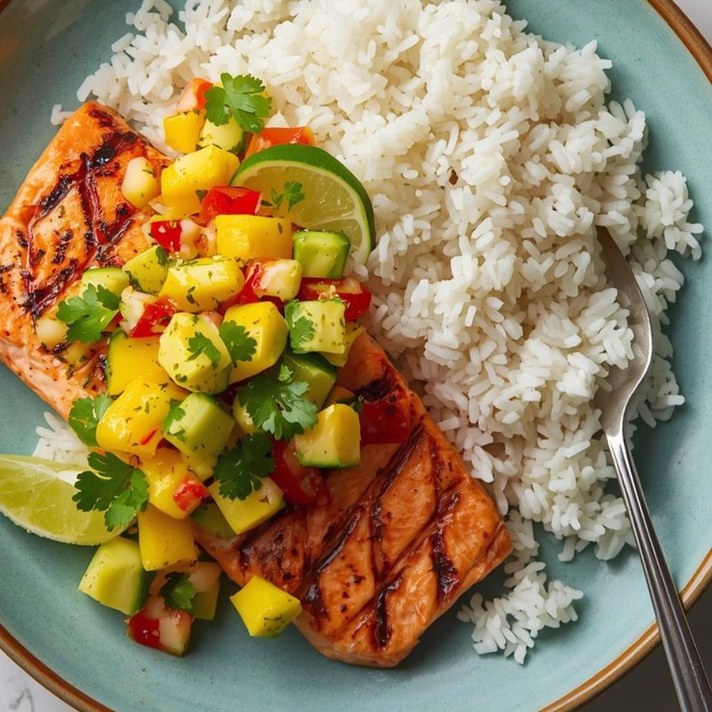 Grilled Lime Salmon with Avocado-Mango Salsa and Coconut Rice