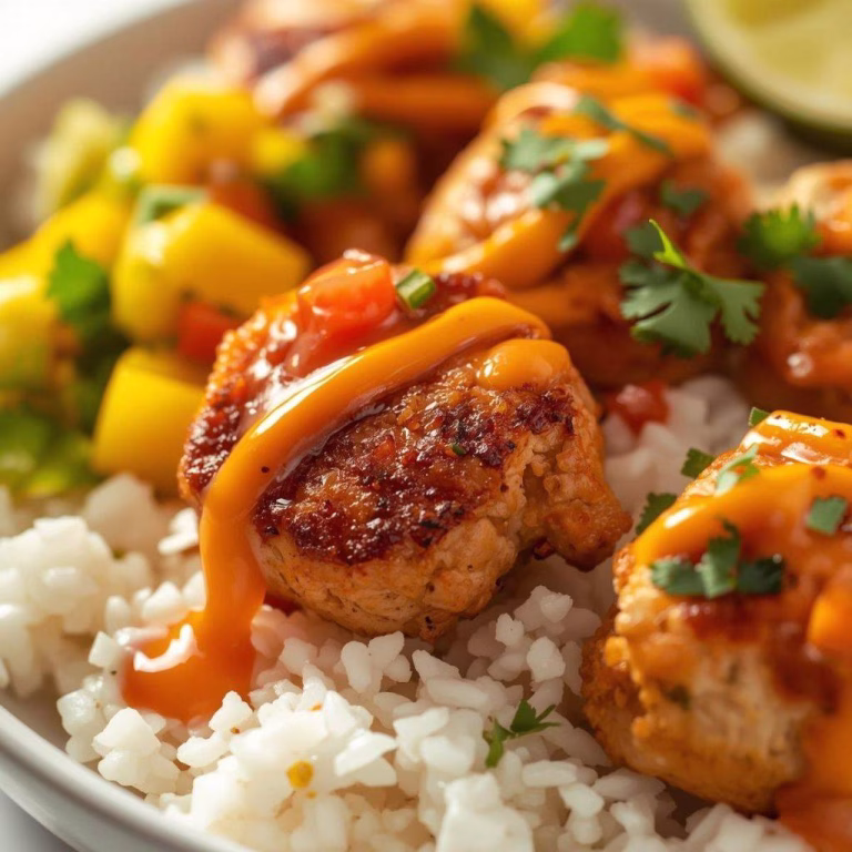 Grilled Maple Sriracha Chicken Bites with Coconut Rice & Mango Avocado Salsa Bowl with Chili Mayo
