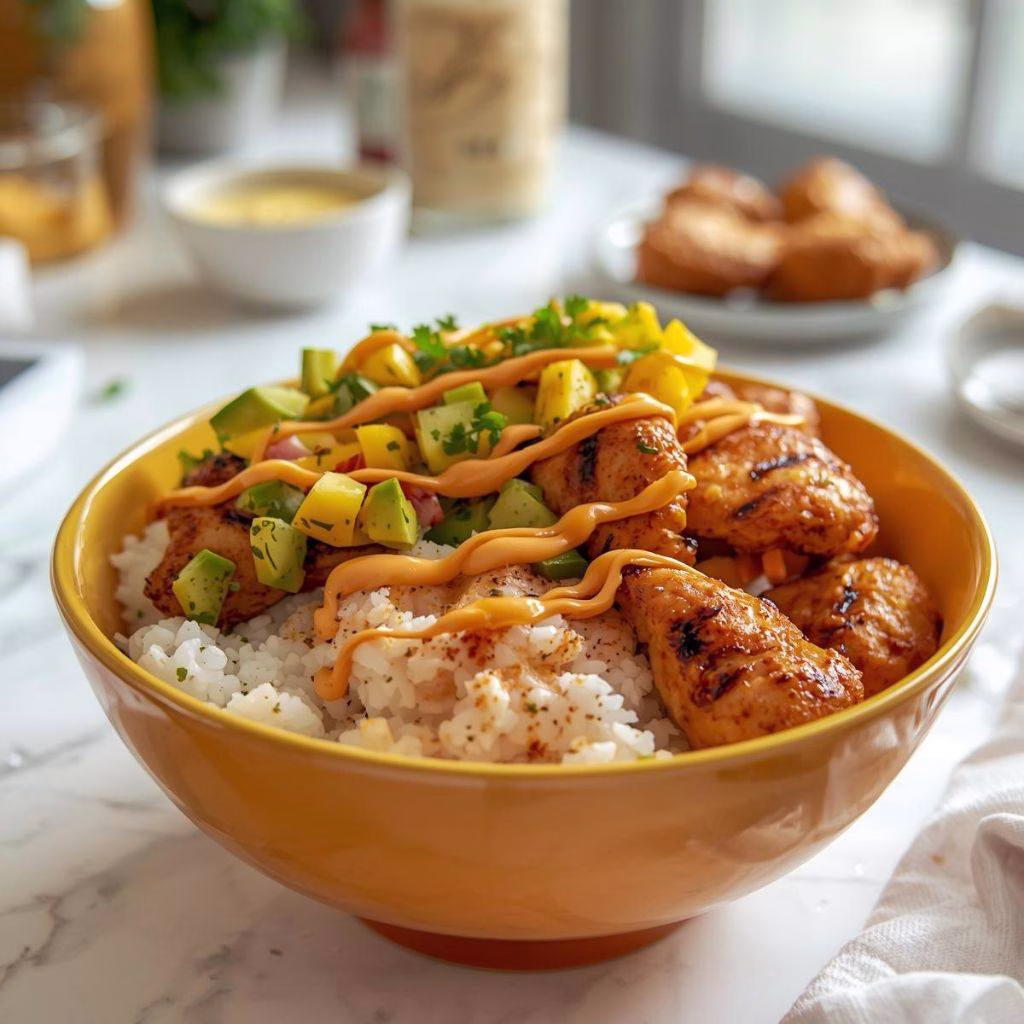 Grilled Maple Sriracha Chicken Bites with Coconut Rice & Mango Avocado Salsa Bowl with Chili Mayo