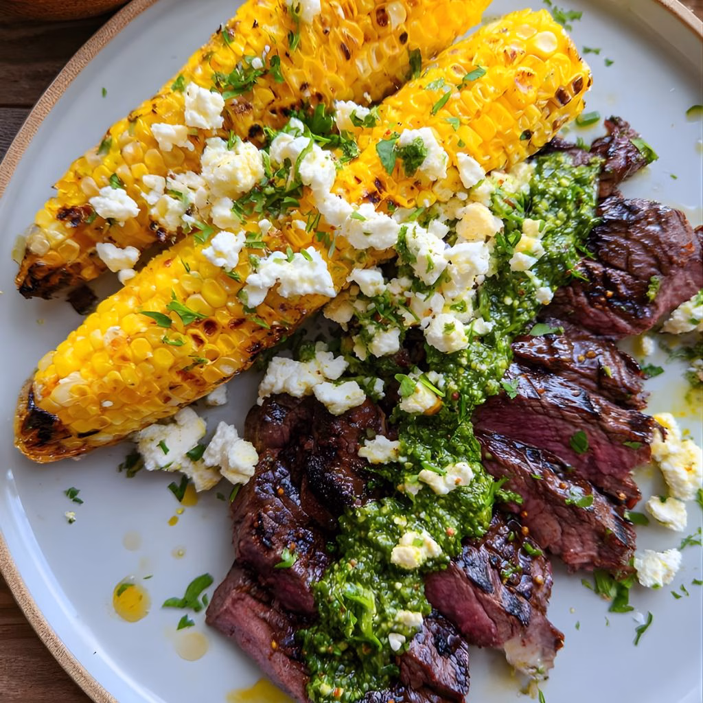 Grilled Steak with Chimichurri and Charred Corn Recipe