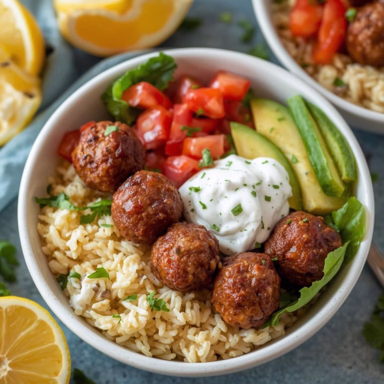 Gyro Bowls with Meatballs, Tzatziki & Lemon Rice Recipe