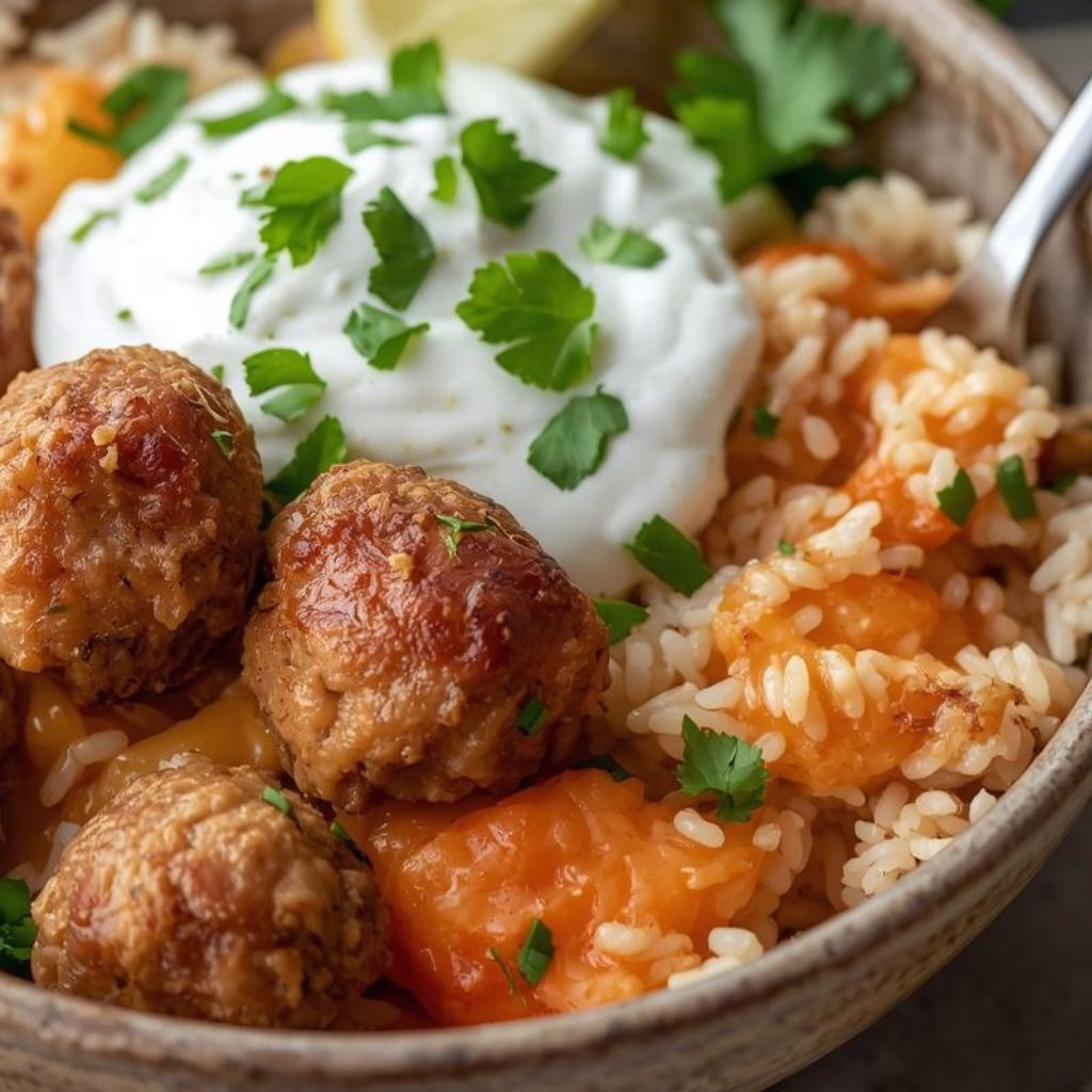 Gyro Bowls with Meatballs, Tzatziki & Lemon Rice Recipe