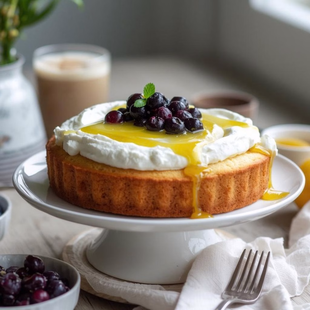 Lemon Ricotta Olive Oil Cake with Cream & Blueberry Compote Recipe
