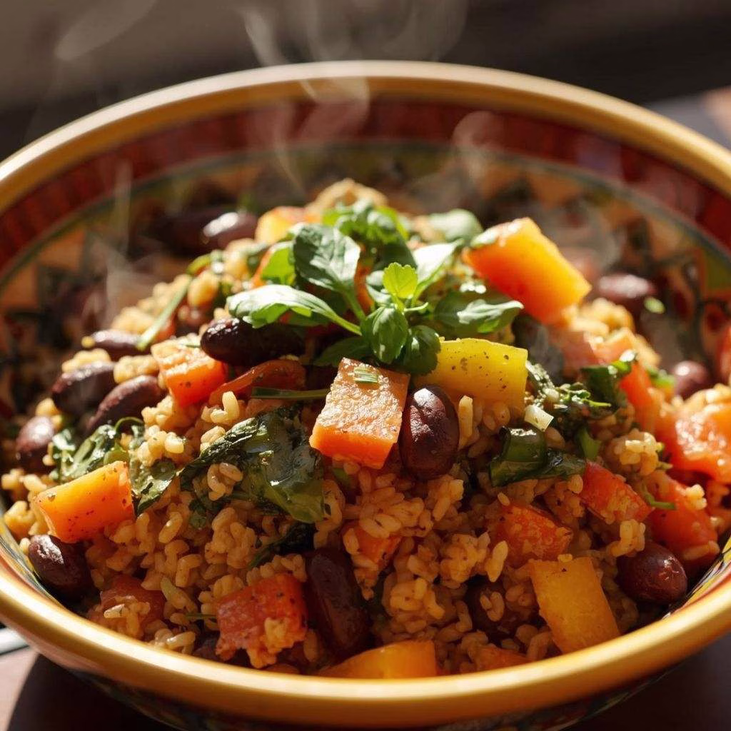 One Pot Vegan Caribbean Pelau with Beans and Spinach Recipe