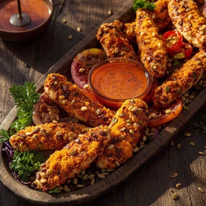 Crispy Pumpkin Seed Crusted Chicken Tenders with Maple Sriracha Dipping Sauce