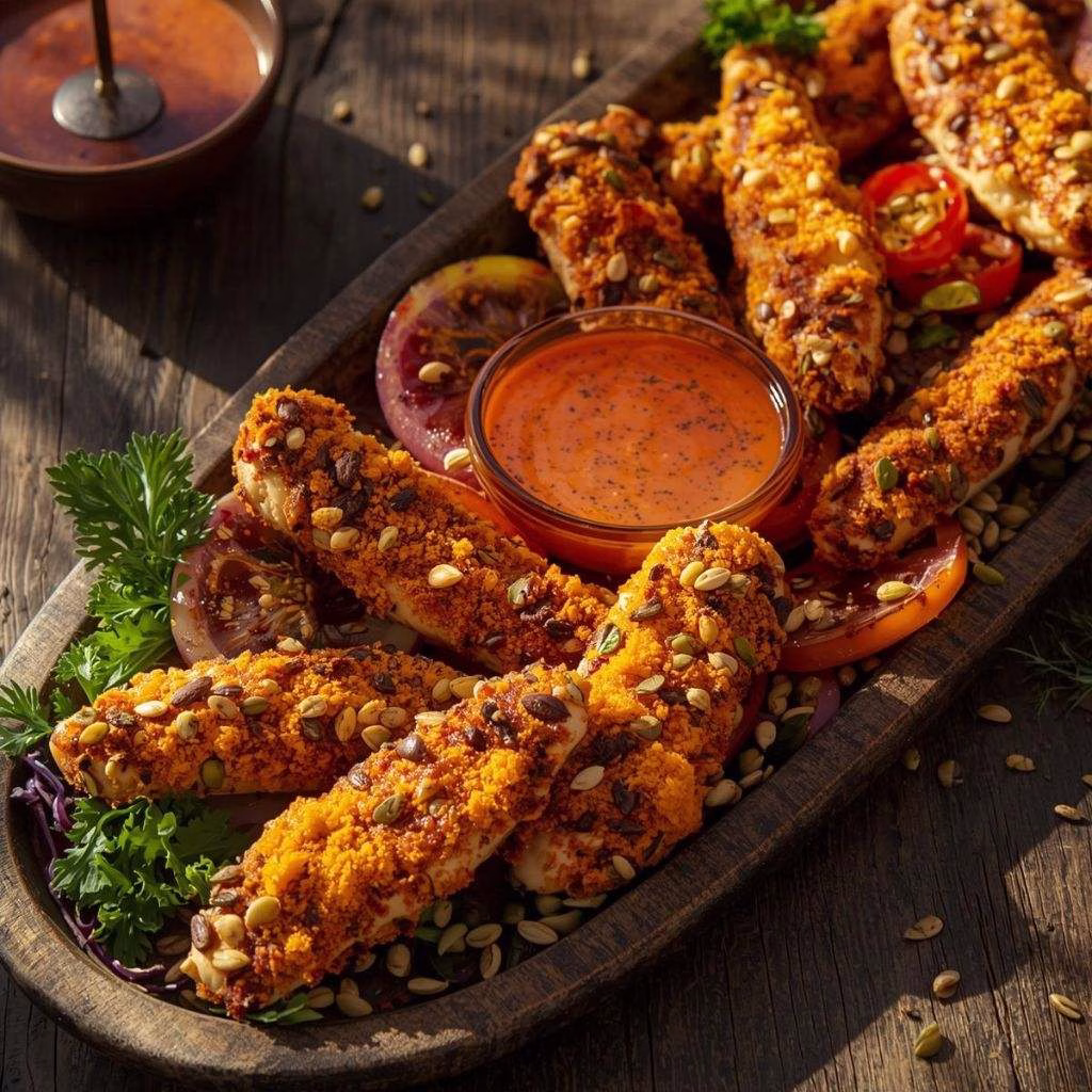 Crispy Pumpkin Seed Crusted Chicken Tenders with Maple Sriracha Dipping Sauce