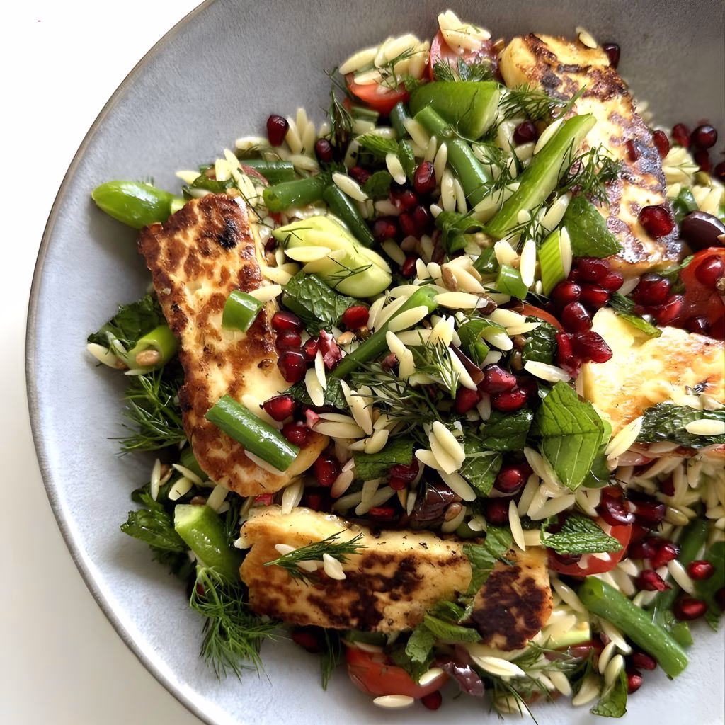 Risoni, Green Bean & Golden Halloumi Salad Recipe
