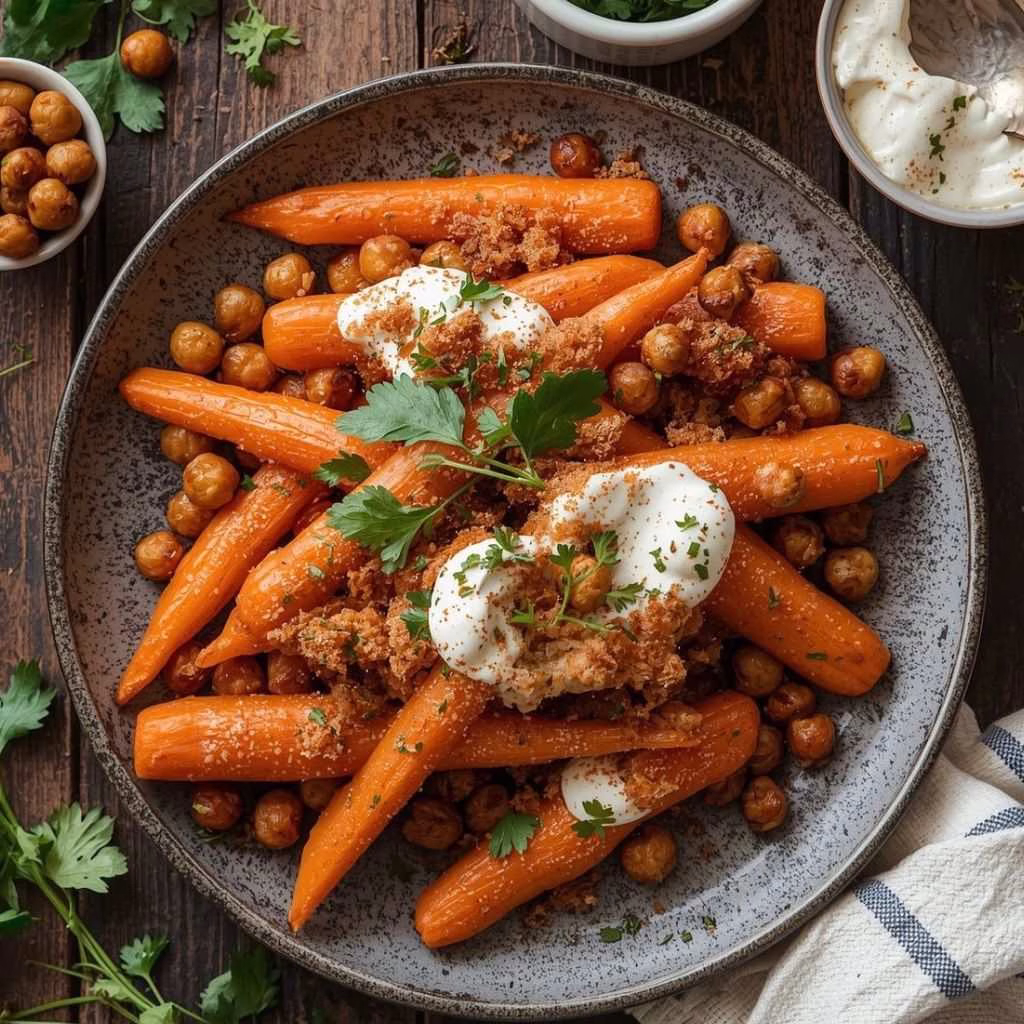 Spicy Maple Roast Carrots with Crispy Chickpeas and Yogurt Sauce Recipe