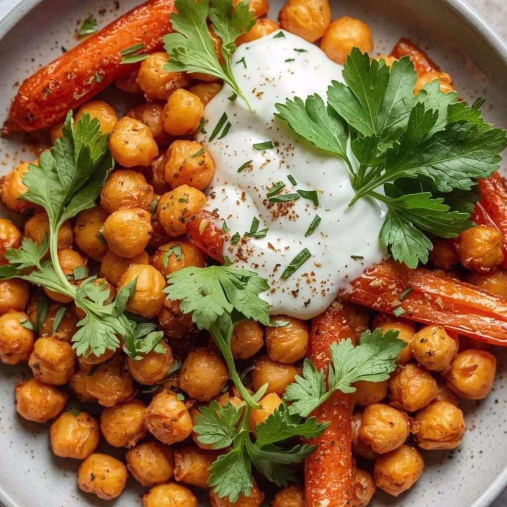 Spicy Maple Roast Carrots with Crispy Chickpeas and Yogurt Sauce Recipe