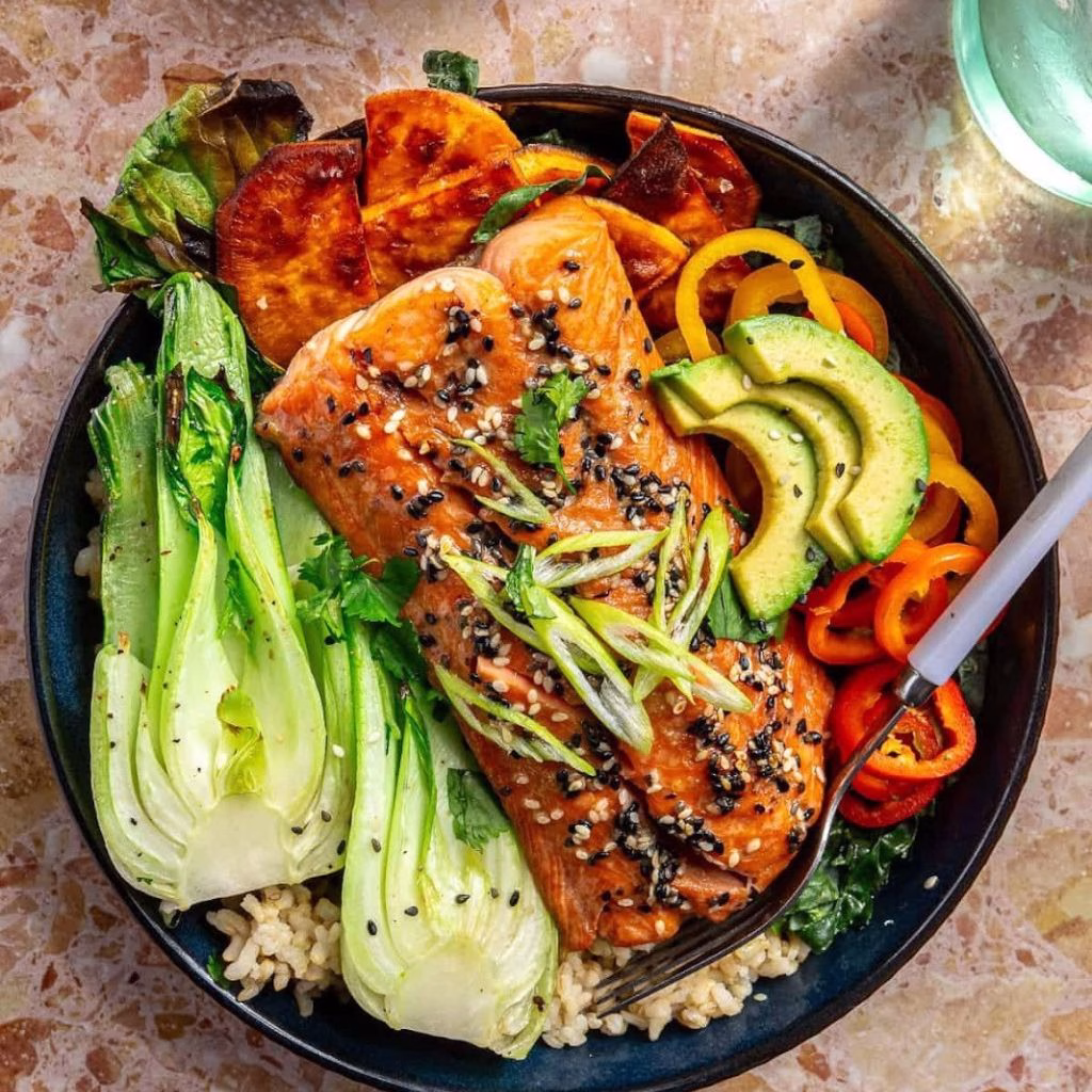 Teriyaki Salmon Bowls with Ginger Sesame Greens & Coconut Rice Recipe