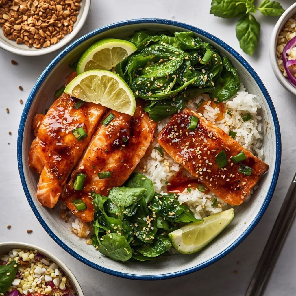 Teriyaki Salmon Bowls with Ginger Sesame Greens & Coconut Rice Recipe
